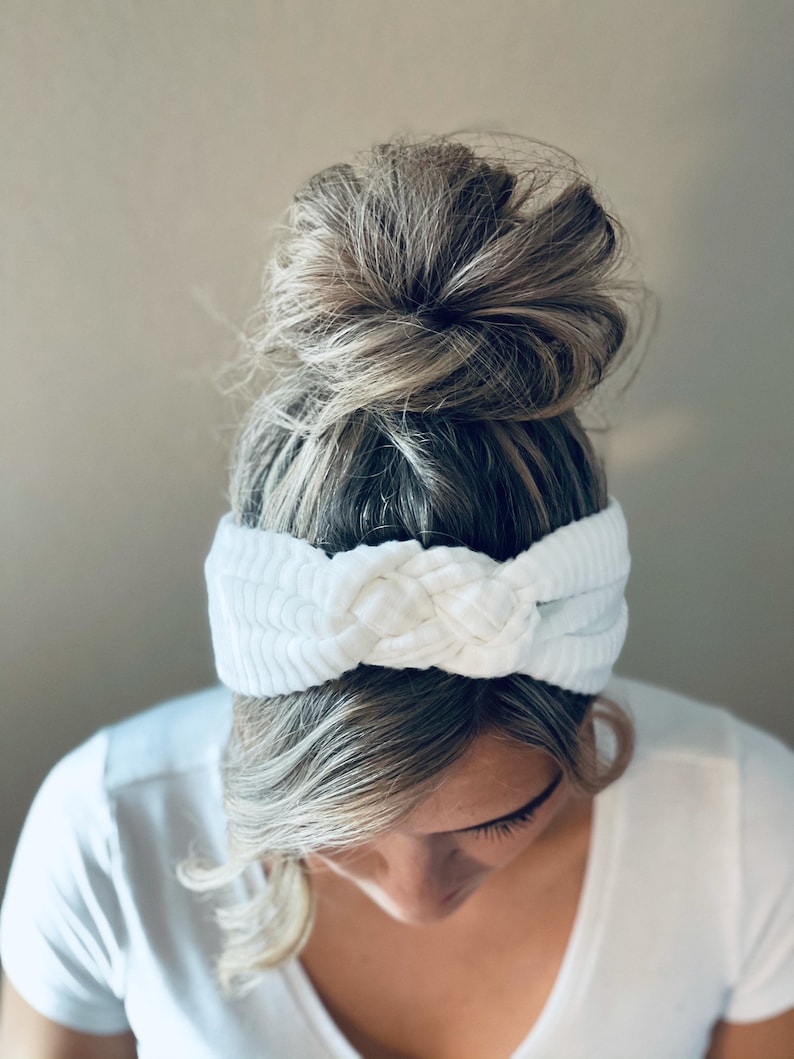 Ribbed Chunky Sailor Knot Headband, Adult Soft and Stretchy Turban Headband, Womans Headband, Headbands for Women White Ribbed