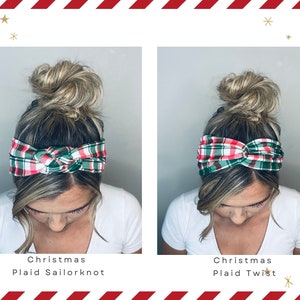 May include: Two women wearing Christmas plaid headbands. The headband on the left is tied in a sailor knot. The headband on the right is a simple twist.
