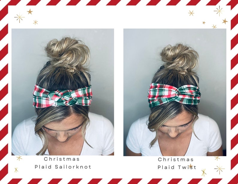 May include: Two women wearing Christmas plaid headbands. The headband on the left is tied in a sailor knot. The headband on the right is a simple twist.