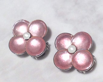 Antique Art Deco Bernard Instone Enamel Flower Silver Clip On Earrings