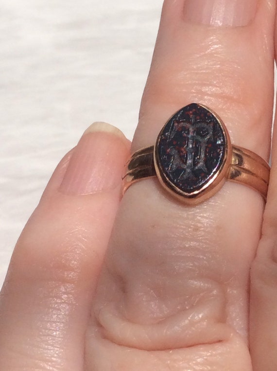 Antique Intaglio Bloodstone Initial TJ Rose Gold … - image 6