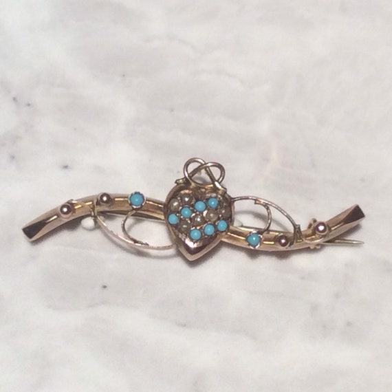 Antique Bow Topped Turquoise Pearl Heart Gold Bro… - image 4