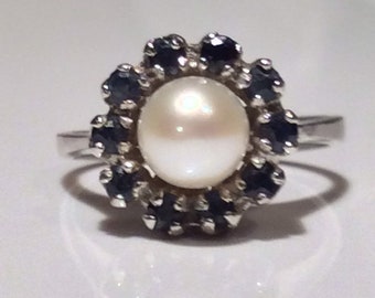 Antique Vintage Sapphire Pearl Silver Ring