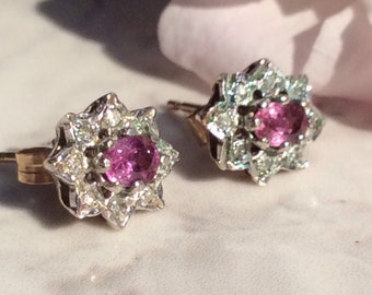 Vintage Diamond Pink Tourmaline Stud Gold Earrings -9ct