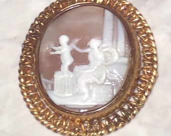 Antique Large Aphrodite And Cupid  Carved Cameo Pinchbeck Brooch/Pin -1880