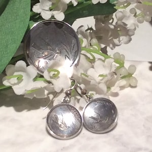 Antique Engraved Swallow Bird Silver Brooch and Earrings - 1880s