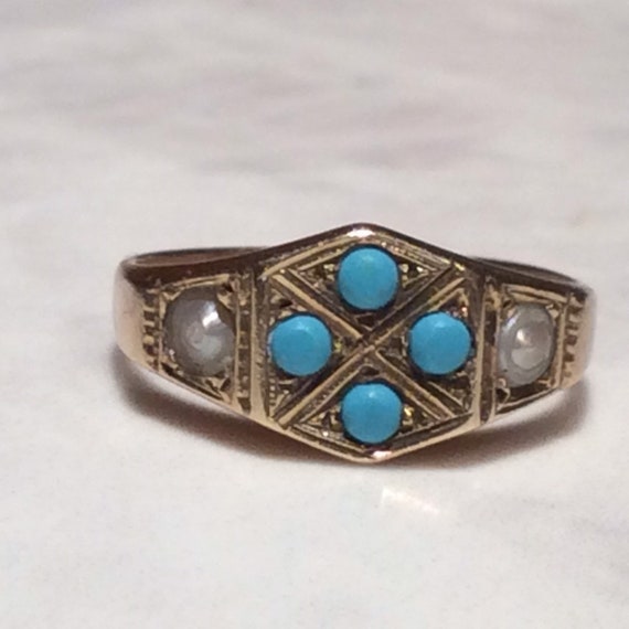 Sterling Silver Genuine Pearl and Faux Turquoise Ring. Size 8 