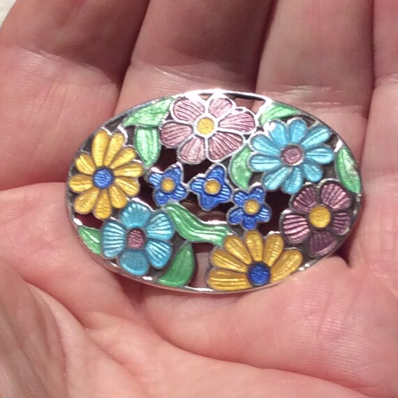 Broche Vintage Art Déco émaillée - Motif Floral Ancien En Cuivre - Bijou D'occasion