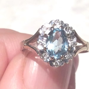 Antique Vintage Diamond Aquamarine Gold Ring - 9ct
