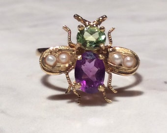 Vintage Bee Insect Suffragette Colours Amethyst Peridot Pearls Gold Silver Ring