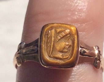 Antique Tigers Eye Carved Cameo Pilgrim Chaucer Rose Gold Ring - 14ct