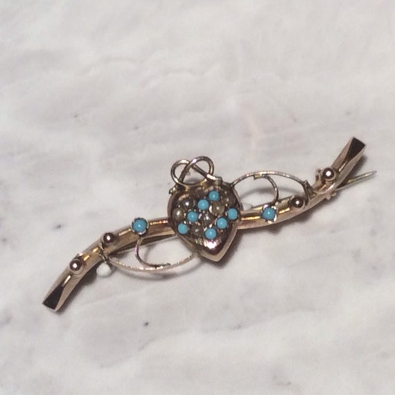 Antique Bow Topped Turquoise Pearl Heart Gold Bro… - image 3