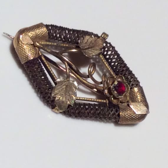 Antique Mourning Flower Woven Hair Gold Brooch - … - image 6