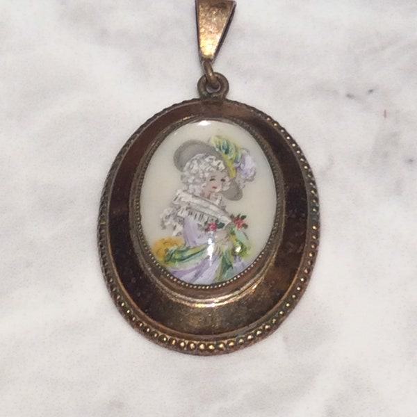 Antique Vintage Hand Painted Portrait Gold Filled Pendant TLM