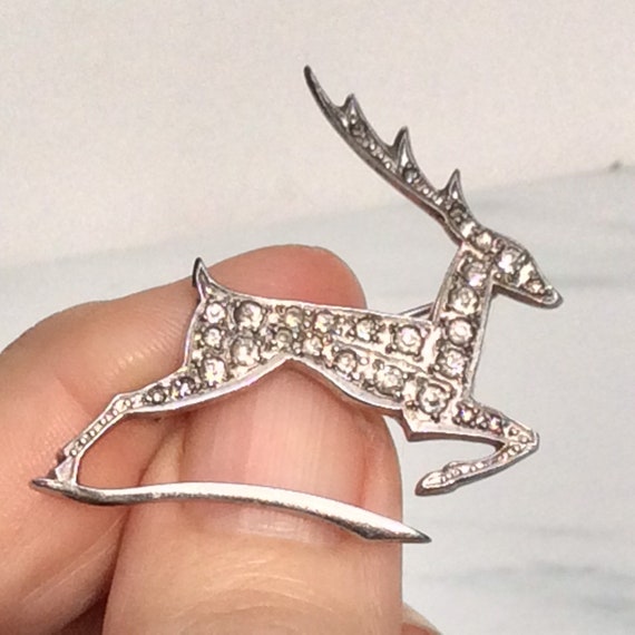 Art Deco Sparkling Paste Silver Leaping Deer Brooc