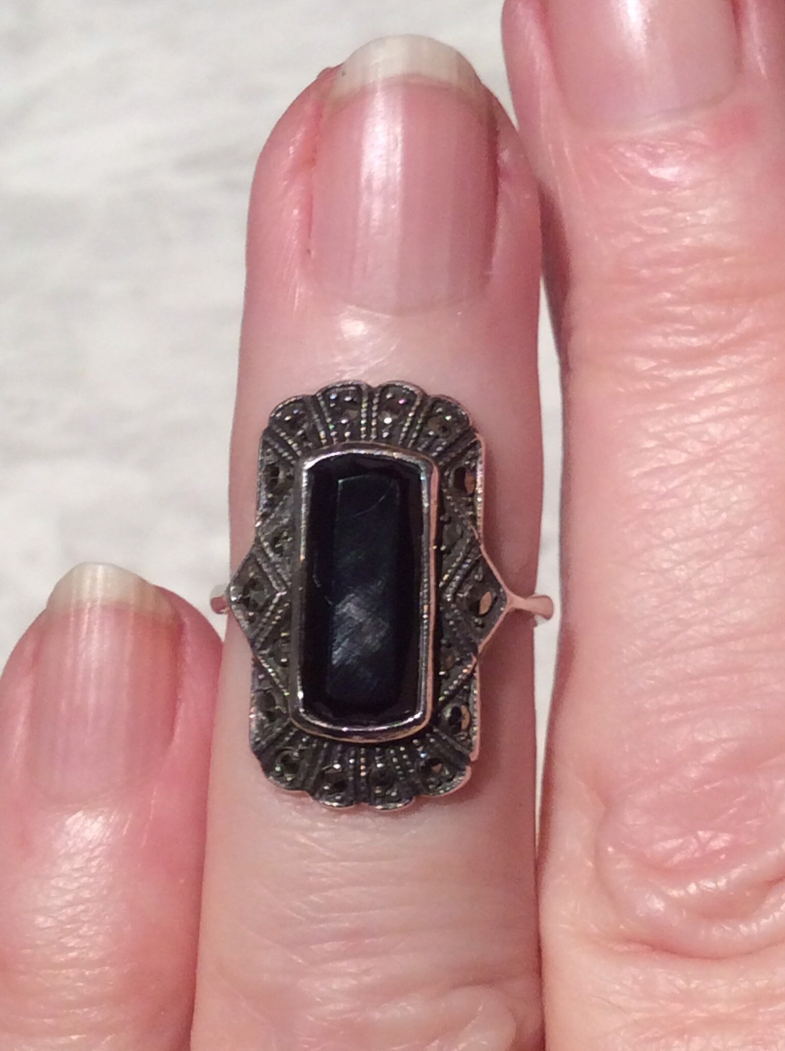 Bague Art Déco En Argent 925, Onyx Et Marcassite - Taille 61, Neuf Parfait état