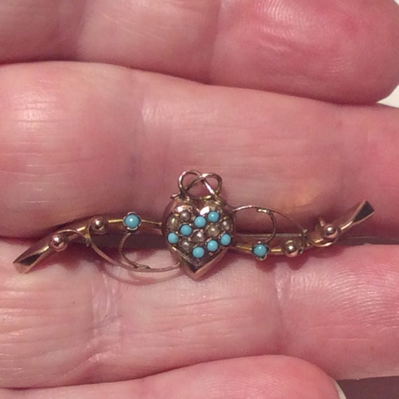 Antique Bow Topped Turquoise Pearl Heart Gold Bro… - image 7