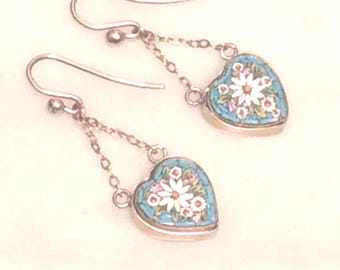 Antique 18ct Gold Heart Micro Mosaic Drop Earrings