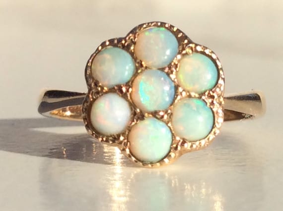 Antique Vintage Fiery Opal Daisy Flower Gold Ring… - image 1