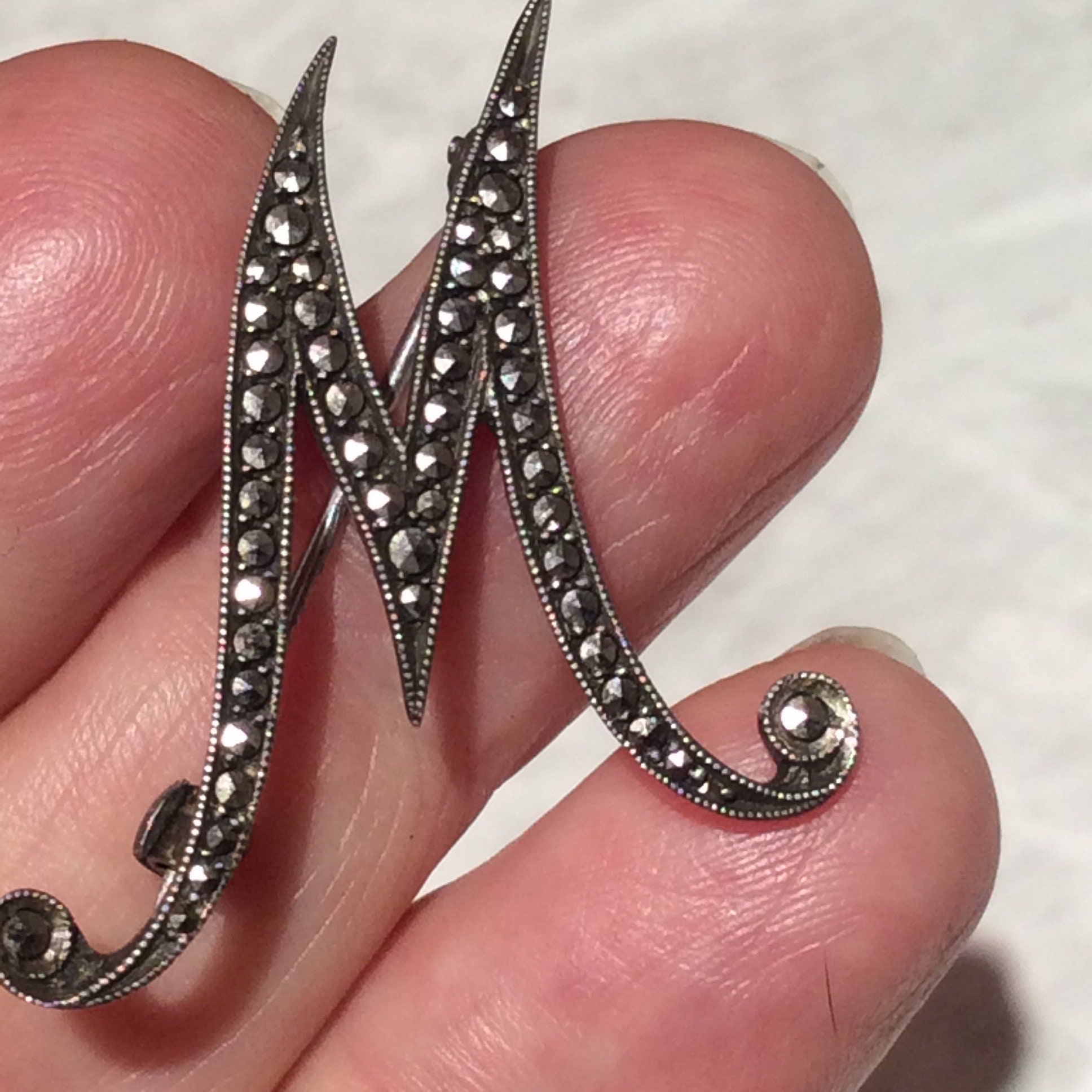 Silver vintage Marcasite broach initialed. Rare 1920s Silver Marcasite Brooch - Jewels Past | Vintage  main image 4