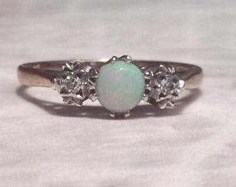Vintage Cabochon Fiery Opal Diamond Gold Ring - 9ct