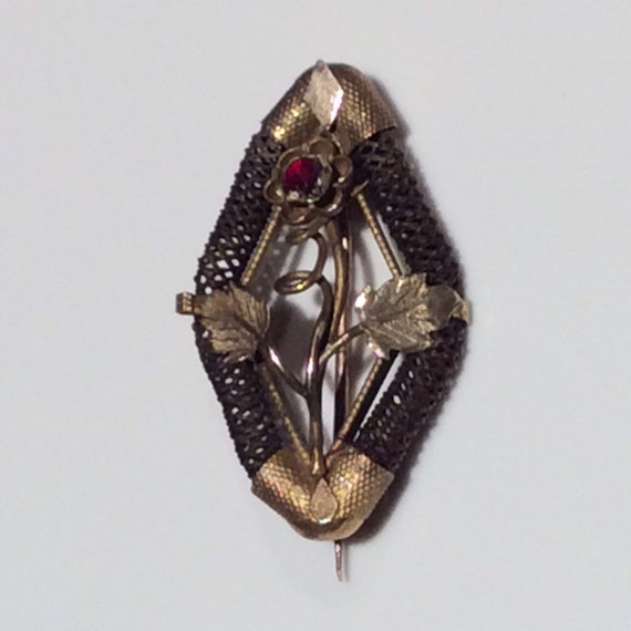 Antique Mourning Flower Woven Hair Gold Brooch - … - image 5