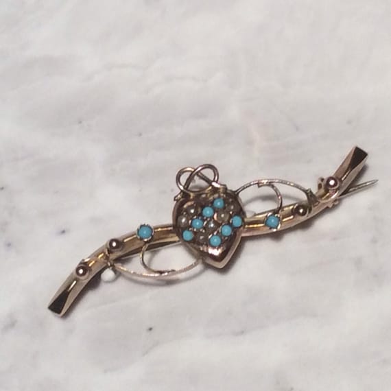 Antique Bow Topped Turquoise Pearl Heart Gold Bro… - image 10