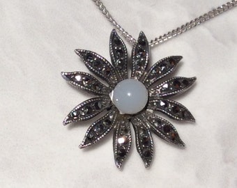 Antique Vintage Flower Daisy Marcasite Silver Pendant Necklace -1950
