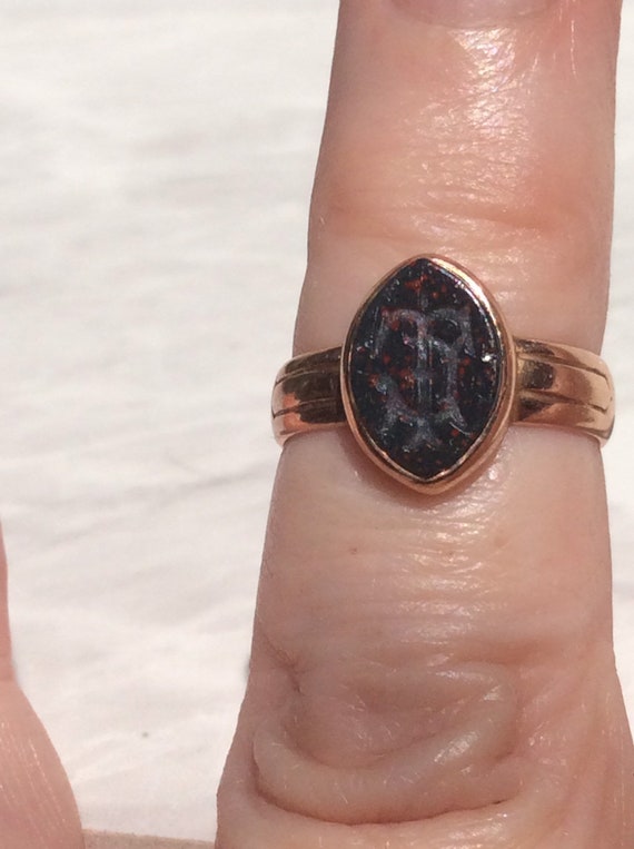 Antique Intaglio Bloodstone Initial TJ Rose Gold … - image 3