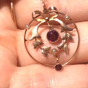 Antique 1900’s Bow Topped Amethyst Pearl Gold Pendant Necklace - 9ct