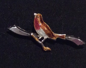 Antique Silver Enamel Robin Bird Brooch