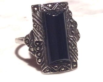 Art Deco 1920’s Onyx Paste  Marcasite Silver Ring