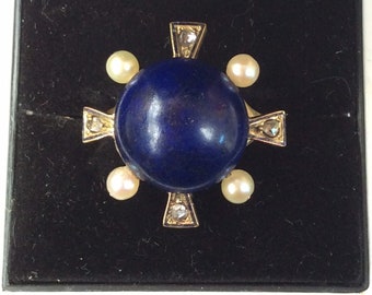 Vintage Lapis Lazuli Pearl and Diamond Heavy Cocktail Statement 18ct Gold Ring