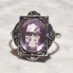 Art Deco 1920’s Amythest Paste Marcasite Silver Ring