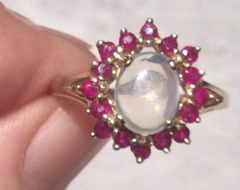 Antique Vintage Moonstone Ruby Gold Ring -9ct