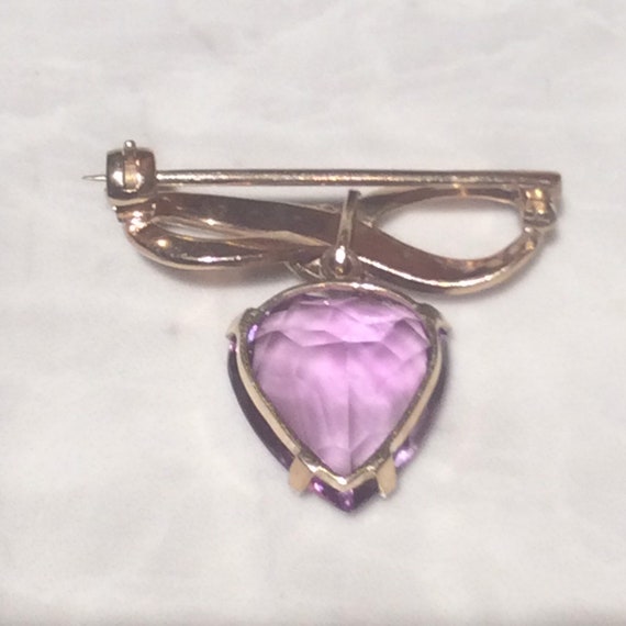 Antique Heart Amethyst Pearl Bow Gold Brooch - 9ct - image 8