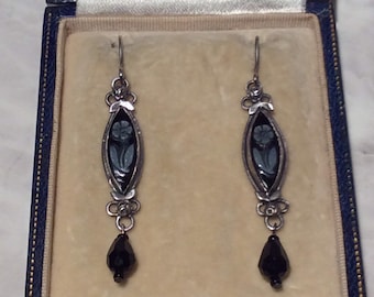 Antique Flower Sardonyx Silver Rose Drop Earrings