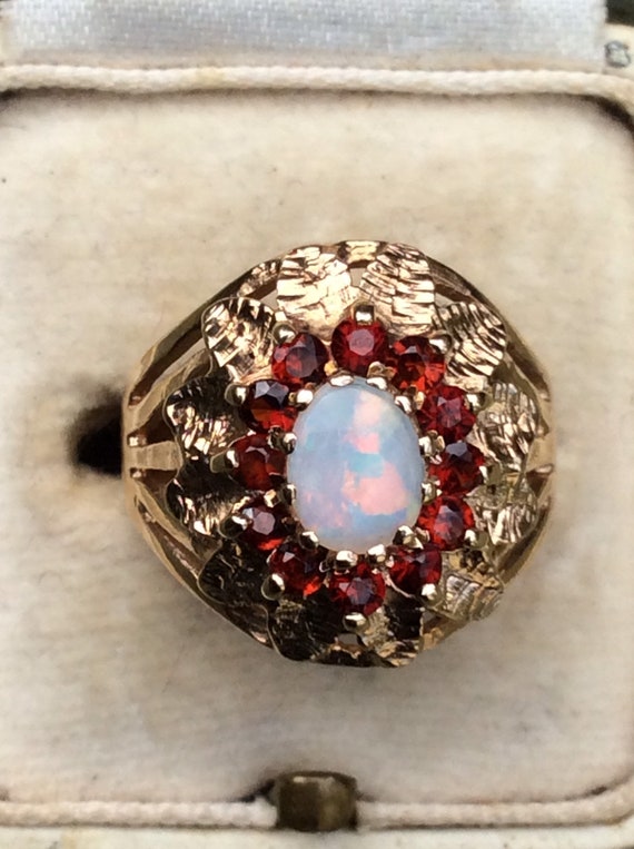 Vintage Opal and Garnet Flower Ring - 9ct - image 1