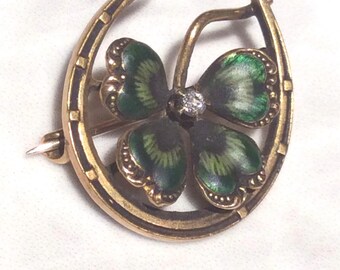 Belle Broche Vintage Porte-bonheur Trèfle & Fer à Cheval Signée KREMENTZ - Dorée Et émaillée