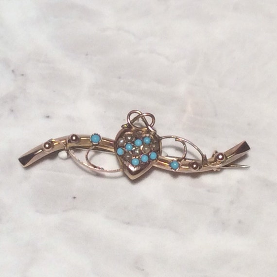 Antique Bow Topped Turquoise Pearl Heart Gold Bro… - image 1