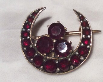 Antique  Crescent Moon Clover Garnet Brooch