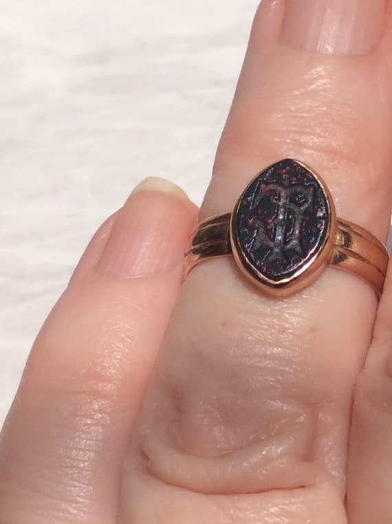 Antique Intaglio Bloodstone Initial TJ Rose Gold … - image 8