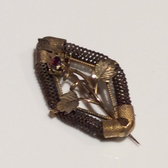 Antique Mourning Flower Woven Hair Gold Brooch - … - image 2