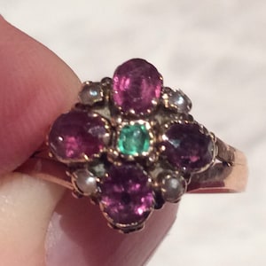 Antique Suffragette Colours Amethyst Green Paste Pearls Gold  Ring
