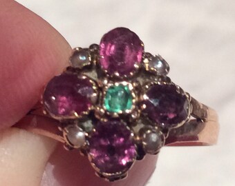 Antique Suffragette Colours Amethyst Green Paste Pearls Gold  Ring