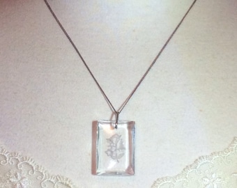 Antique Vintage Glass Crystal Flower Intaglio Silver Pendant Necklace