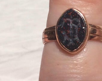 Antique Intaglio Bloodstone Initial TJ Rose Gold Signet Ring -15ct