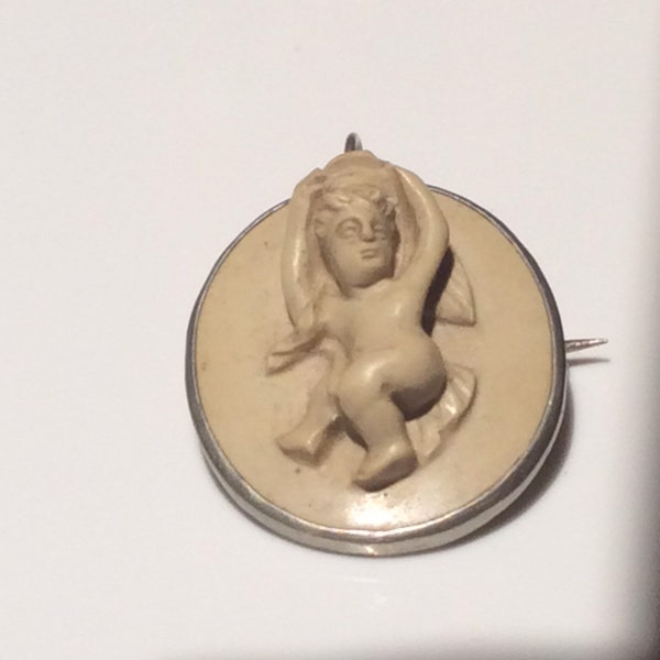 Antique cherub carved lava cherub pendant /brooch