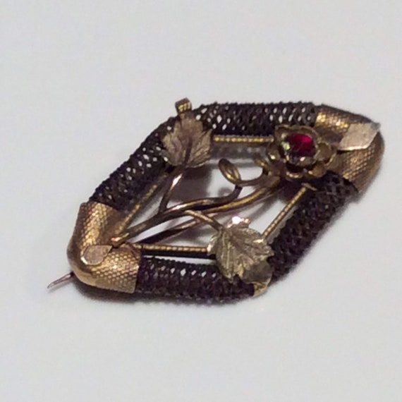 Antique Mourning Flower Woven Hair Gold Brooch - … - image 4