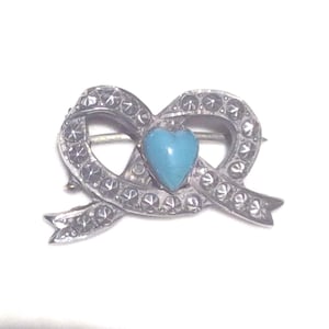 Antique Lovers Knot Turquoise Heart Silver Brooch - 1880’s